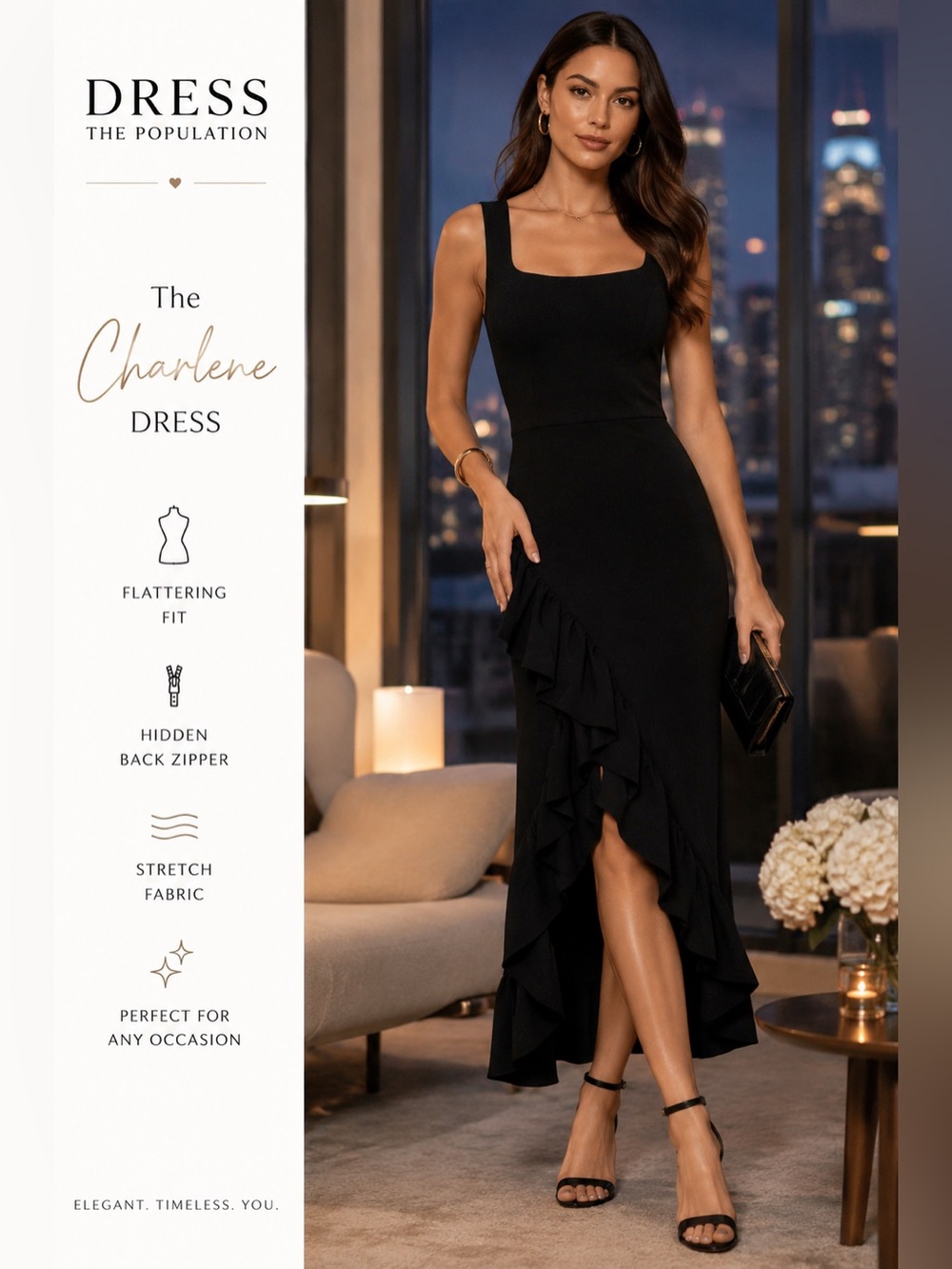 Dress the Population Charlene Black Ruffle Midi Dress XS Cocktail Wedding Guest - Picture 2 of 10